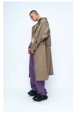 Hooded Long Water-resistant Waist-cinched Trench Coat