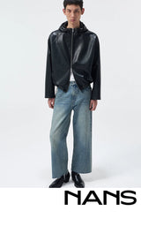 Cropped Lambskin PU Hooded Kangaroo Jacket