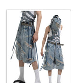 Washed Ripped Denim Shorts with Straps