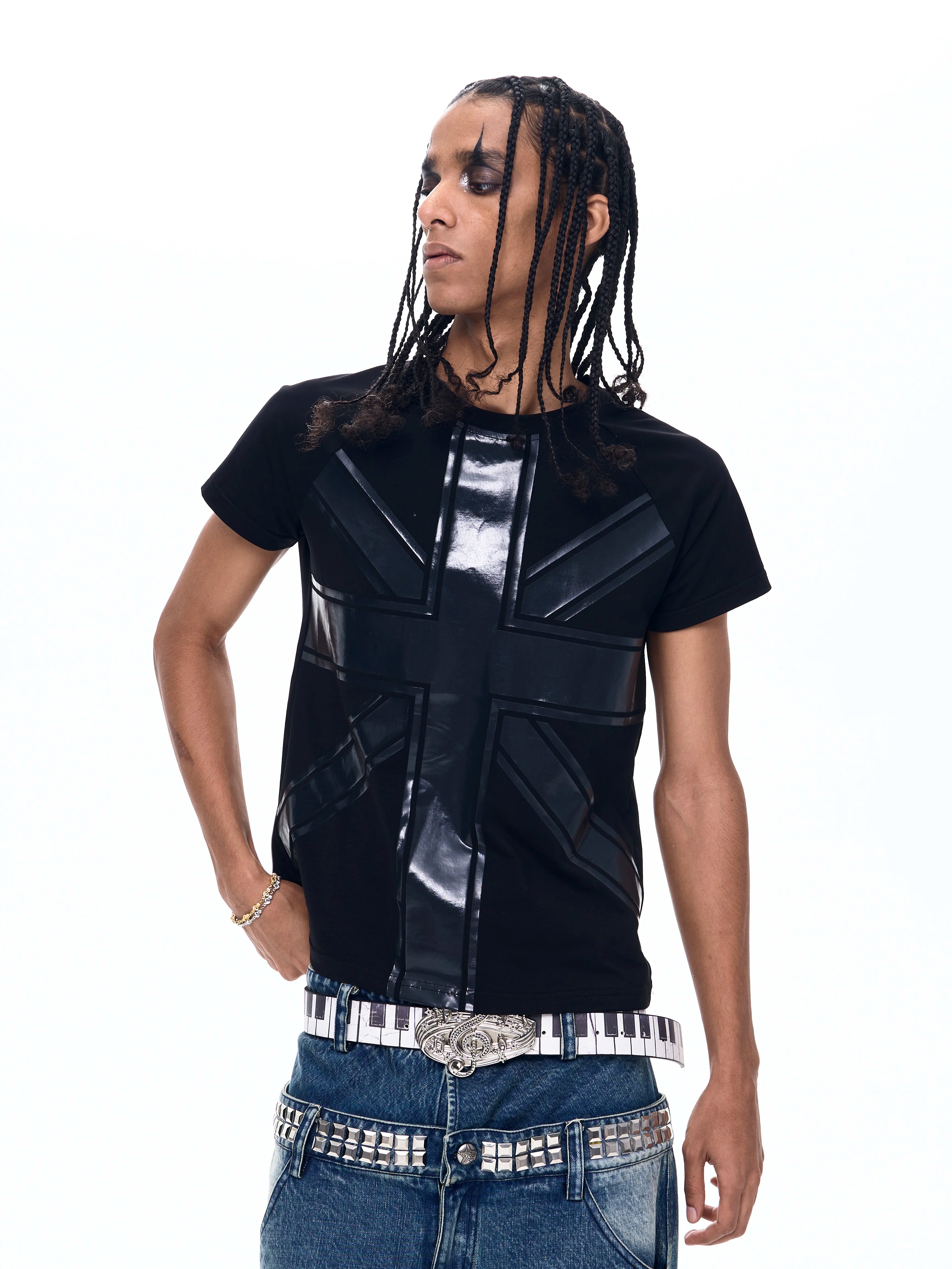 Black Printed Cross Crew Neck Tees