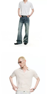 Cutout Lapel Short Sleeves Knit Polo