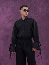 Men's Long-Sleeve Black-and-White Ruffled Sash Shirt