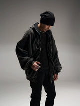 Black Loose Patchwork Zip Hoodie