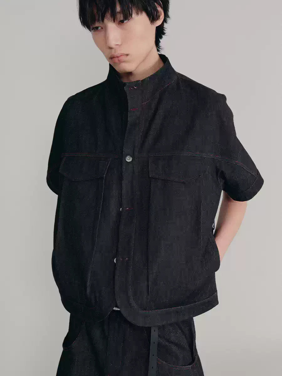 Stand Collar Denim Shirts With Pockets