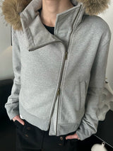 Detachable Fur Collar Slant Zip Hoodie
