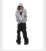 Distressed Waffle Riveted Zip-Up Hoodie