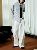 Pleated Distressed White Baggy Denim Jeans
