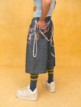 Unisex Blue Chain Print Cropped Jeans