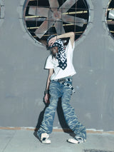 Blue Washed Distressed Flared Denim Pants