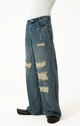 Men's Blue Distressed Riveted Straight Jeans