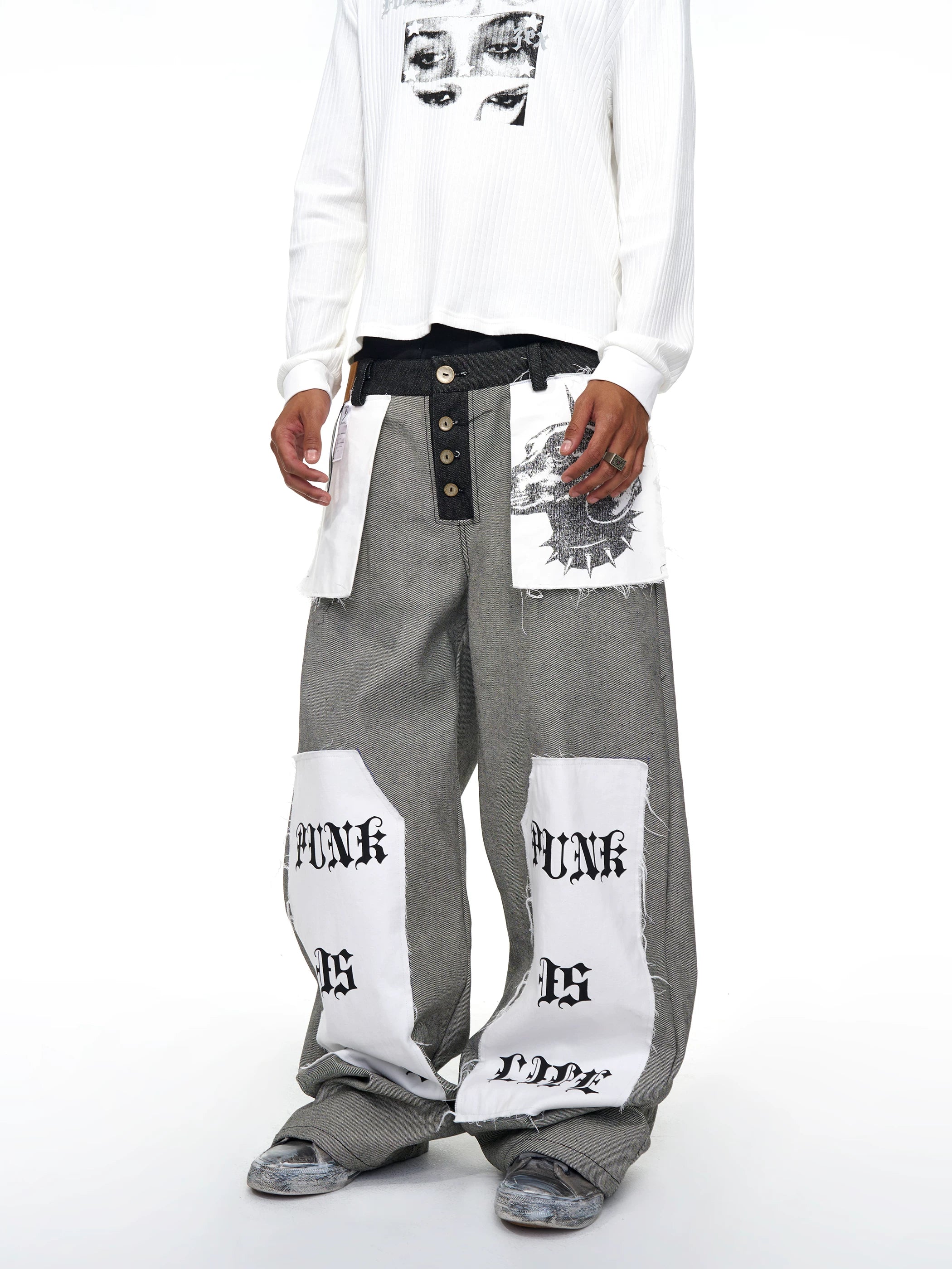 Men's Raw Printed Wide Leg Jeans