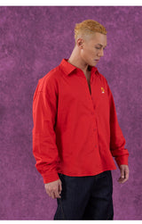 Red Oversized Collared Long Sleeve Shirt