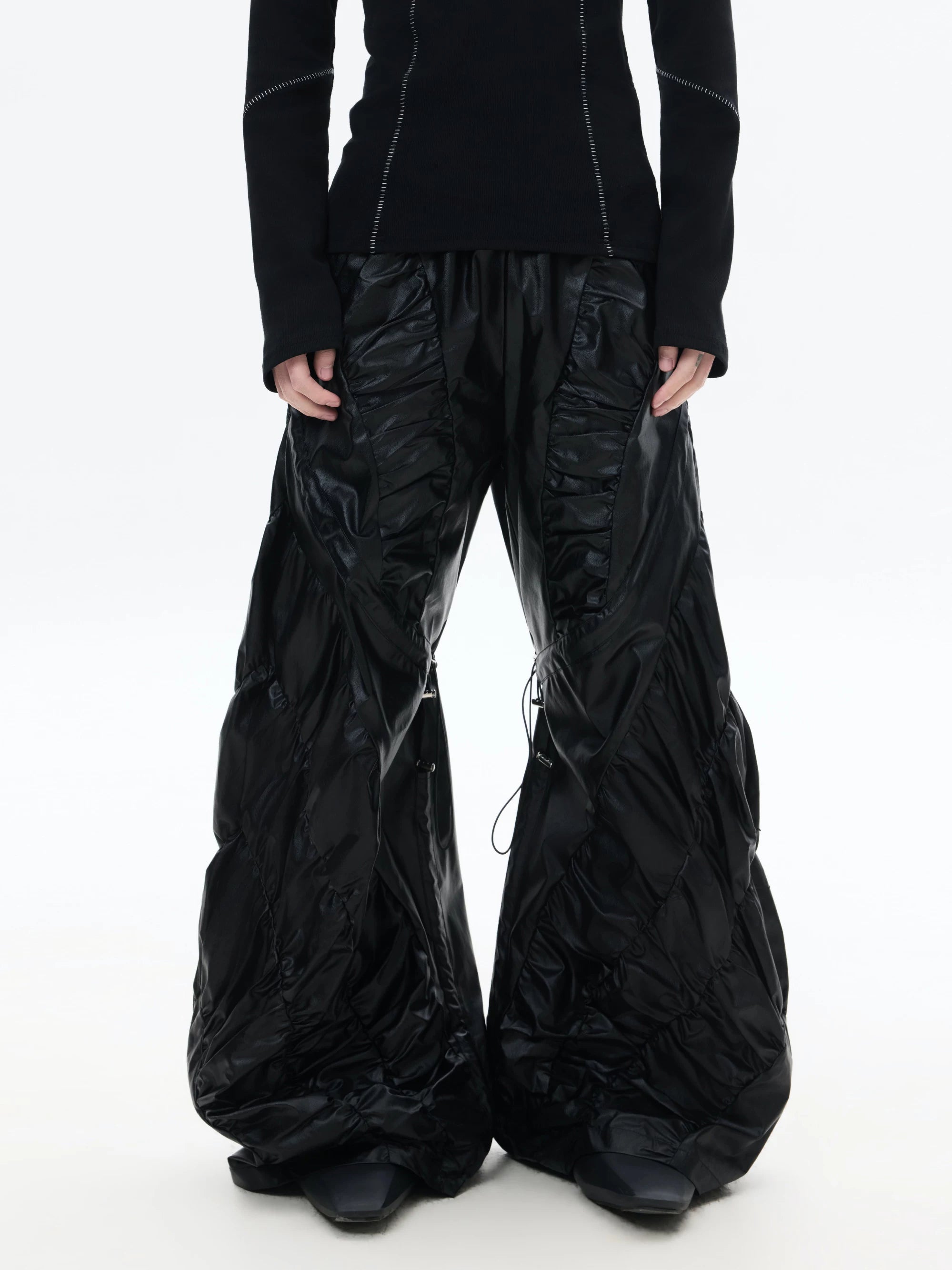 Dark Wrinkle Drawstring Wide Leg Pants