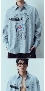 Retro Plaid Pinocchio Bear Print Shirt