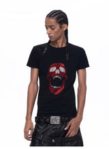 Demon Skull Rhinestone Print Crew Neck Tee