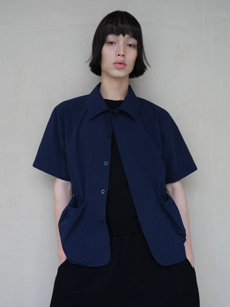 Short Sleeve Bubble Pleat Drawstring Shirt