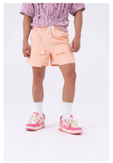 Peach Pink Multi-pocket Drawstring Beach Shorts
