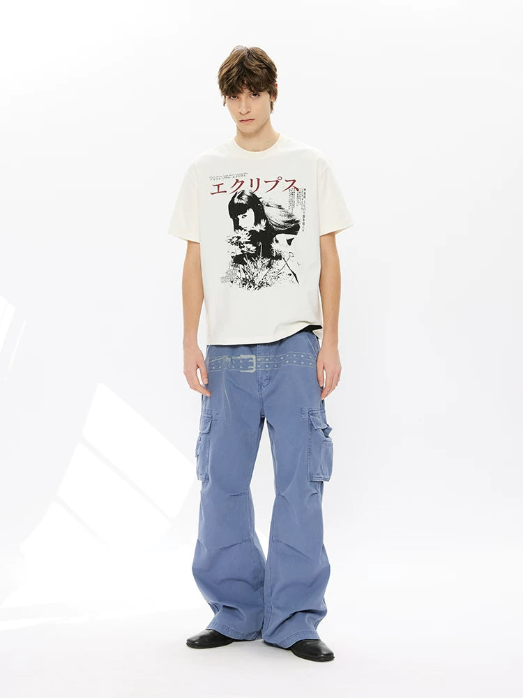 Washed Printed French Blue Cargo Pants