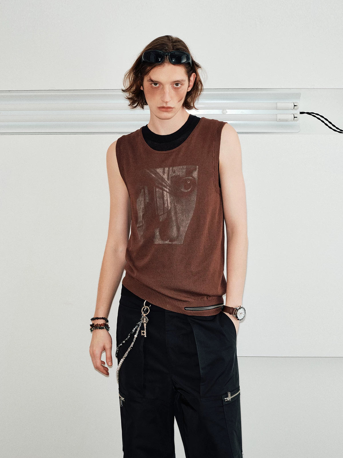 Men's Sleeveless Printed Linen-like Zip Vest