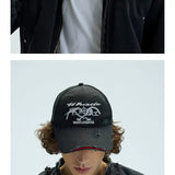 Long Brim Red Embroidered Distressed Cap