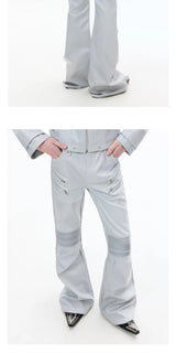 Multi-Zip Coated Moto Leather Flare Pants