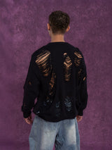 Black White Ripped Cutout Knit Sweater