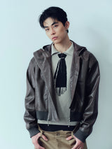 Double Zip Hooded Cropped Leather Jacket