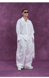 Men's Long-Sleeve Black-and-White Ruffled Sash Shirt
