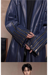 Navy Oversized Multi-Zipper Punk Leather Coat