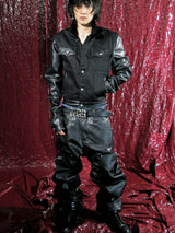 Black Wide-Leg Sanskrit Embroidered Leather Pants