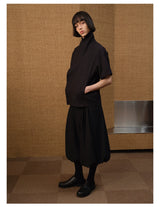 Black Pleated Leaf Jacquard Cropped Skort