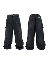 Black Distressed Knee Multi-Pocket Cargo Pants