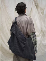 Blue Plaid Wool Multi-pocket Hobo Bag