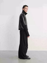 Black Ribbed Cuff Faux Leather Jacket