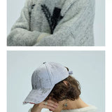 White Distressed Printed Long Brim Cap
