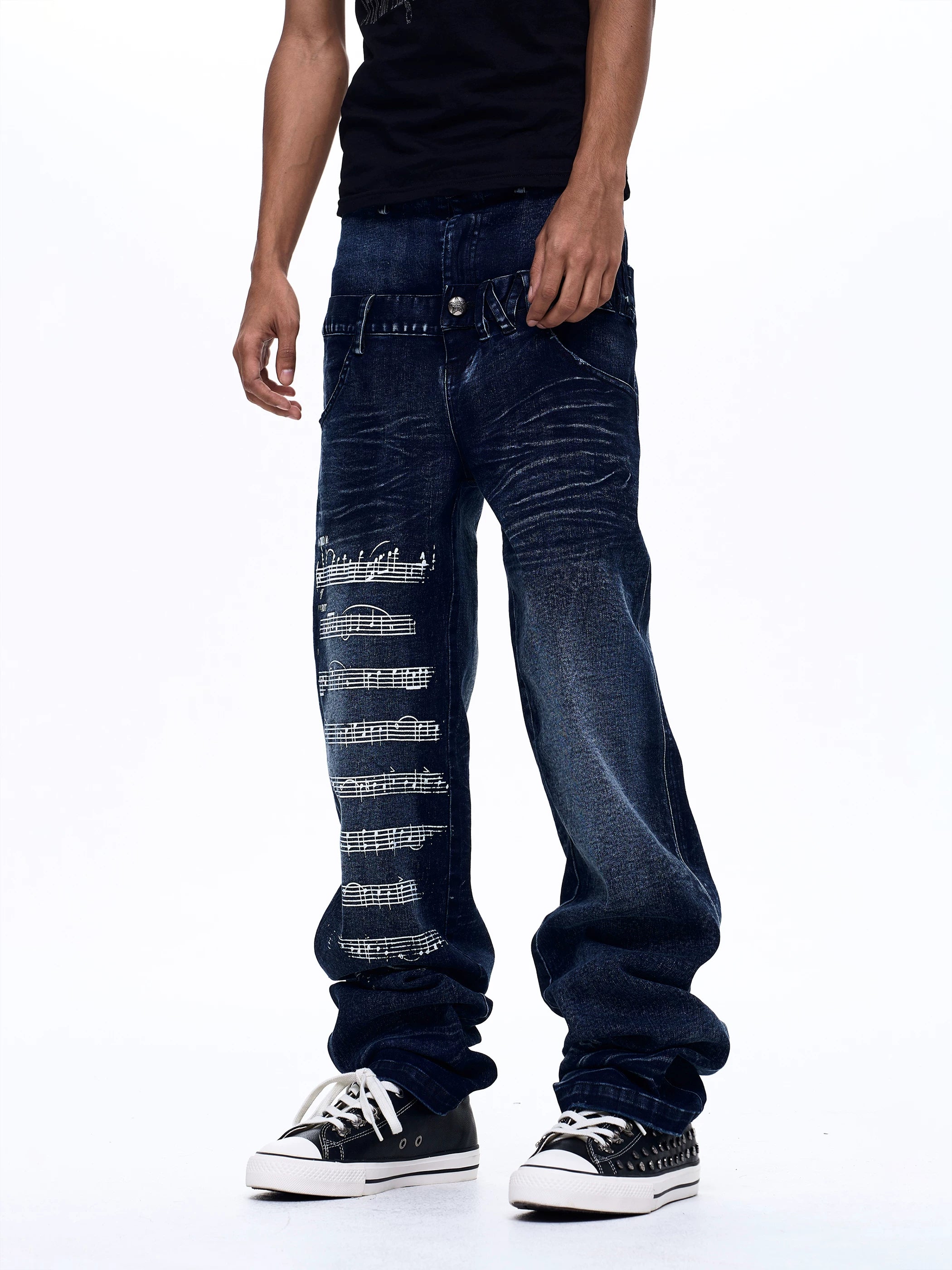 Men's Washed Blue Double Waistband Jeans