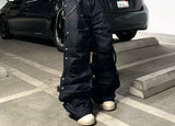 Studded Pleated Raw Lumberjack Denim Jeans