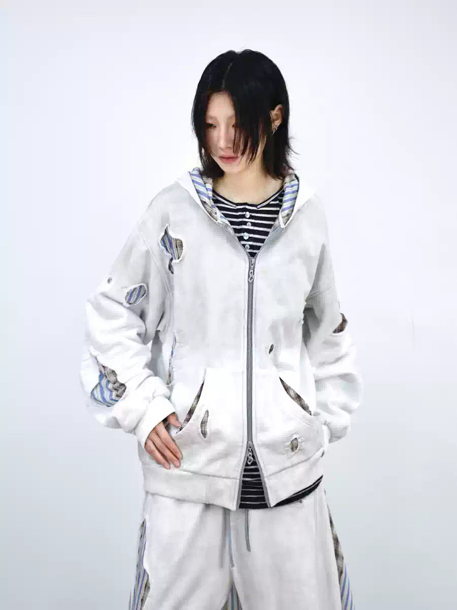 Stripe Patchwork Washed Zip Hoodie