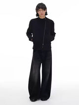 Pleated Distressed Wide Curved Jeans