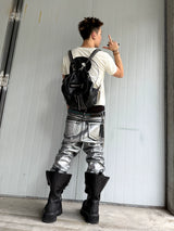 Distressed Silver Coated Embroidered Flared Jeans