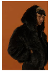 Black Red Hooded Faux Fur Coat