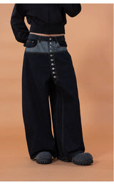 Men's Blue Patchwork Button Cargo Jeans