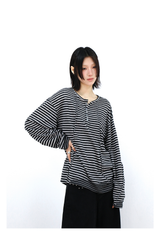 Striped Cutout Neck Long Sleeve Tee