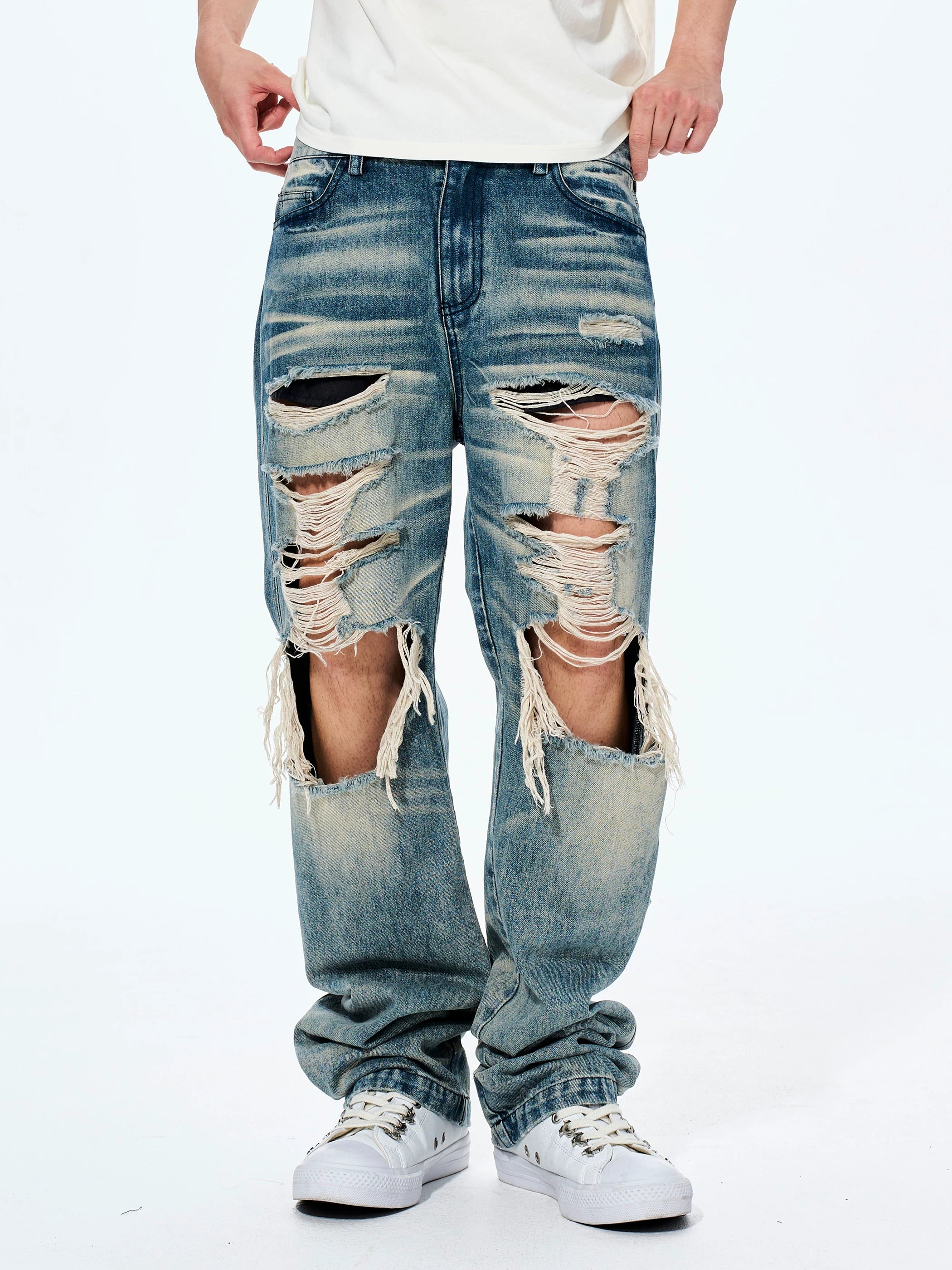 Men's Distressed Washed Straight Leg Jeans