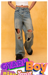 Men's Blue Distressed Wide Leg Jeans