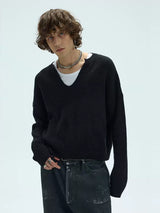 V-Neck Three-Color Waffle Lace Knit Sweater