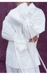 Men's Long-Sleeve Black-and-White Ruffled Sash Shirt