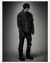 Dark Distressed Patchwork Relaxed Denim Jacket