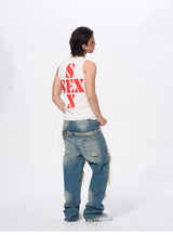 White Cotton Letter Print Sleeveless Tank Top