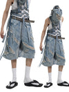 Washed Ripped Denim Shorts with Straps